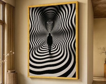 Surreal Black and White Tunnel Canvas, Optical Illusion Wall Art, Abstract Eye Design, Modern Psychedelic Canvas, Statement Home Decor
