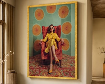 Retro Fashion Portrait Canvas Wall Art, Vintage Style Woman Sitting in Red Chair, Bold Yellow Dress Canvas, Chic Home Decoration, Statement