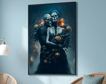 Romantische gotische skeletkunstprint - Dark Fantasy Embrace - scène liefde en dood bij kaarslicht met rozen - macabere gotische muurdecoratie
