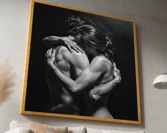 May include: Black and white painting of two figures embracing. The artwork, framed in gold, depicts a close embrace with the figures' bodies intertwined. The painting is set against a dark background, highlighting the figures' forms.