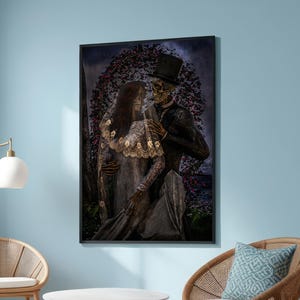 Gothic Skeleton Wedding Art - Macabre Bride and Groom Canvas - Dark Romantic Wall Decor - Surreal Death Love Painting - Gothic Home Decor