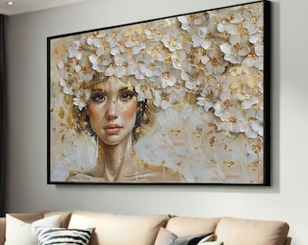 Ethereal Portrait with Floral Crown Canvas Print - Realistic Woman with Gold Leaf Accents - Modern Feminine Art for Luxurious Home Decor