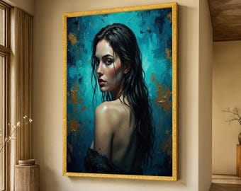 Cuadro de pared con retrato de mujer elegante, figura femenina contemporánea sobre fondo azul oscuro, lienzo para decoración del hogar, decoración de pared expresiva