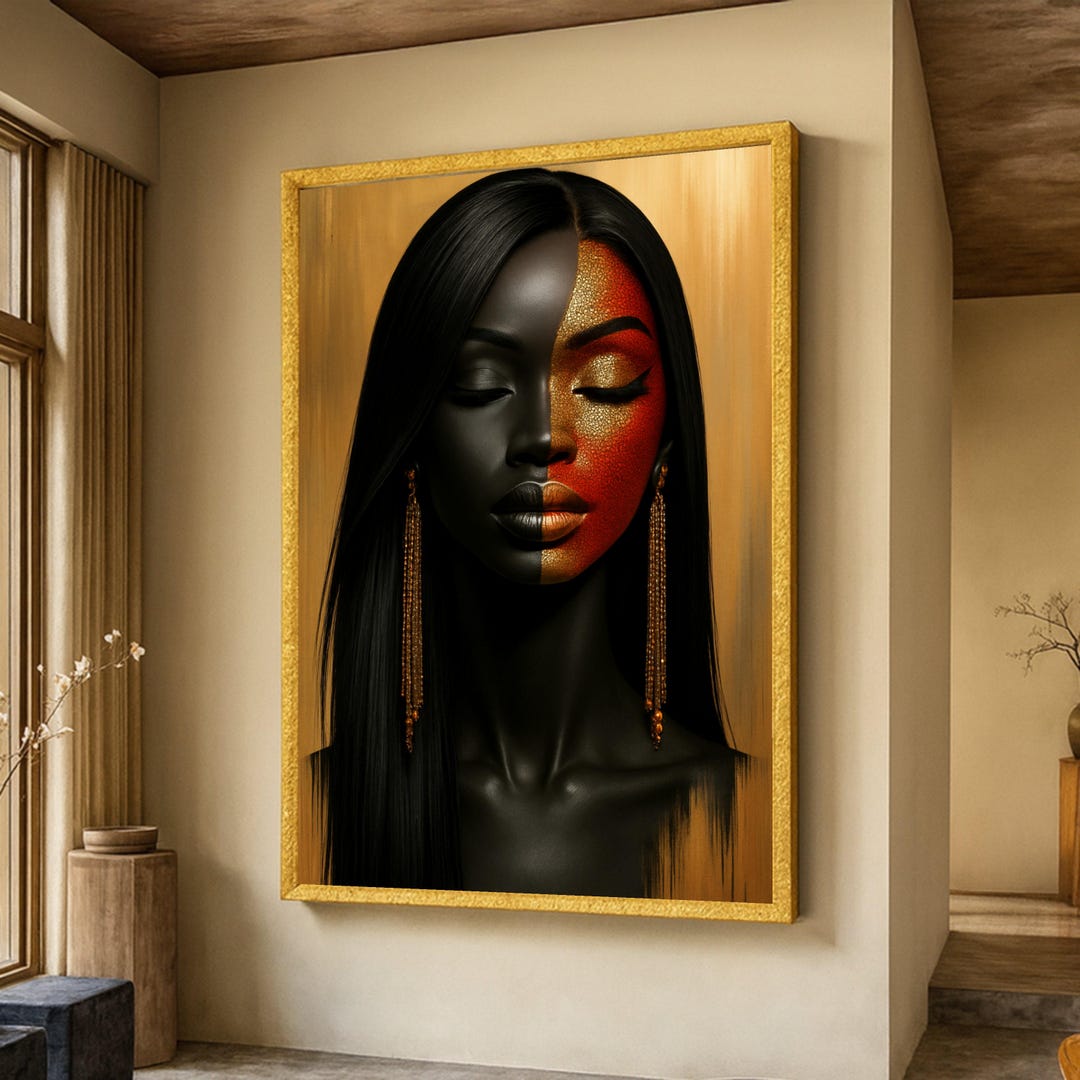 Elegant Black and Gold Woman Portrait, Abstract Face Art Canvas, Modern ...