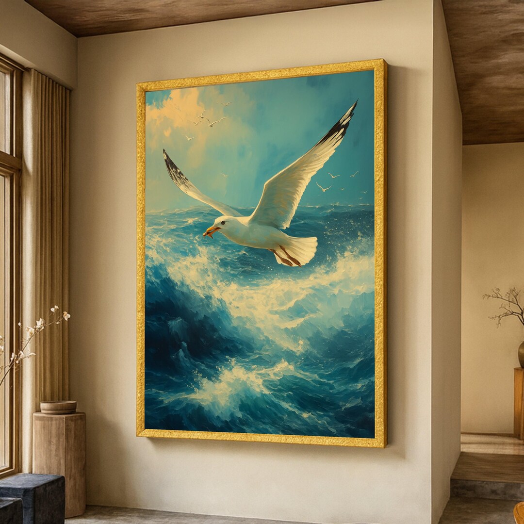 Soaring Seagull Over Ocean Waves Canvas, Coastal Wall Art, Sea Bird ...