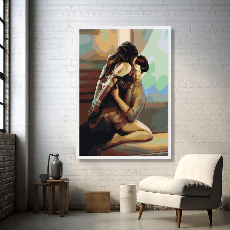 Intim omfamning abstrakt canvas, romantiskt par väggkonst, sensuell heminredning, modern relation emotionell kärlek canvaskonst bild 5