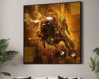 Abstrakt Tjur Canvastavla - Dynamisk Djurkonst - Gyllene Tjurmålning - Kraftfull Expressionistisk Väggdekoration - Modern Konst för Hemmet eller Kontoret
