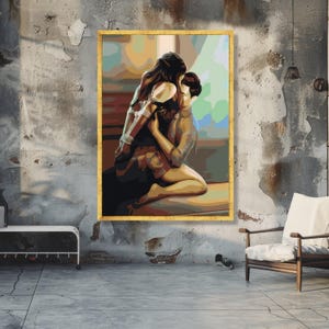 Intim omfamning abstrakt canvas, romantiskt par väggkonst, sensuell heminredning, modern relation emotionell kärlek canvaskonst bild 2