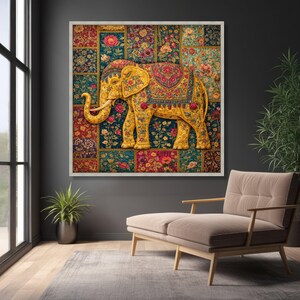 Sierlijke bloemen olifant canvas, muurkunst, decoratief dier canvas, kleurrijk huisdecor, vintage textielontwerp afbeelding 4