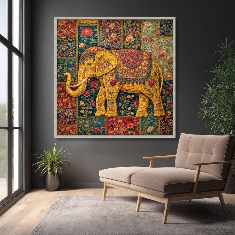 Sierlijke bloemen olifant canvas, muurkunst, decoratief dier canvas, kleurrijk huisdecor, vintage textielontwerp afbeelding 4
