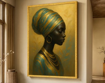 Elegant African Woman Portrait Canvas, Gold and Teal Headwrap Art, Ethnic Wall Decor, Contemporary Canvas Home Decoration