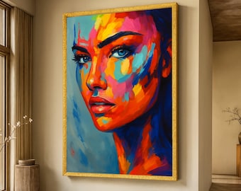 Puede incluir: Pintura de retrato enmarcada de la cara de una mujer. La obra de arte presenta colores vibrantes, incluyendo rojo, naranja, azul y rosa, creando una imagen impactante y expresiva. La mujer tiene ojos azules y cabello oscuro. El marco es dorado.
