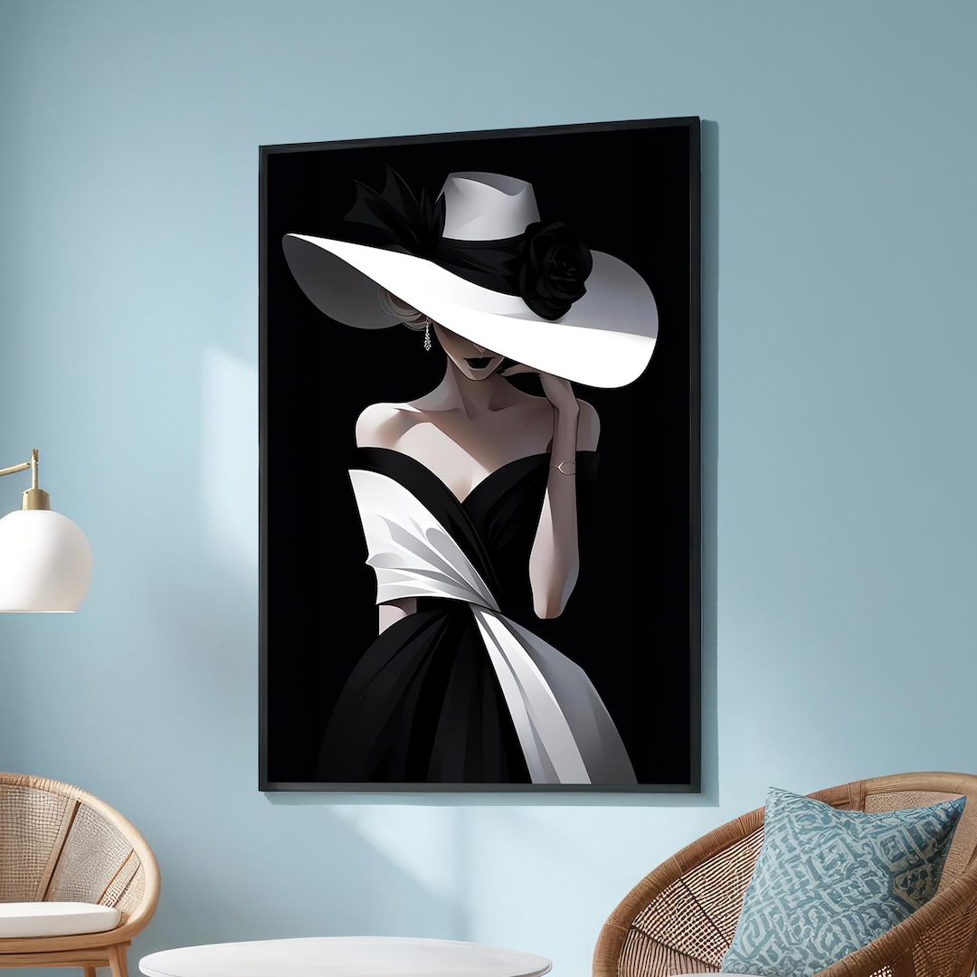 Elegant Black and White Woman in Hat Canvas Print, Minimalist Fashion ...