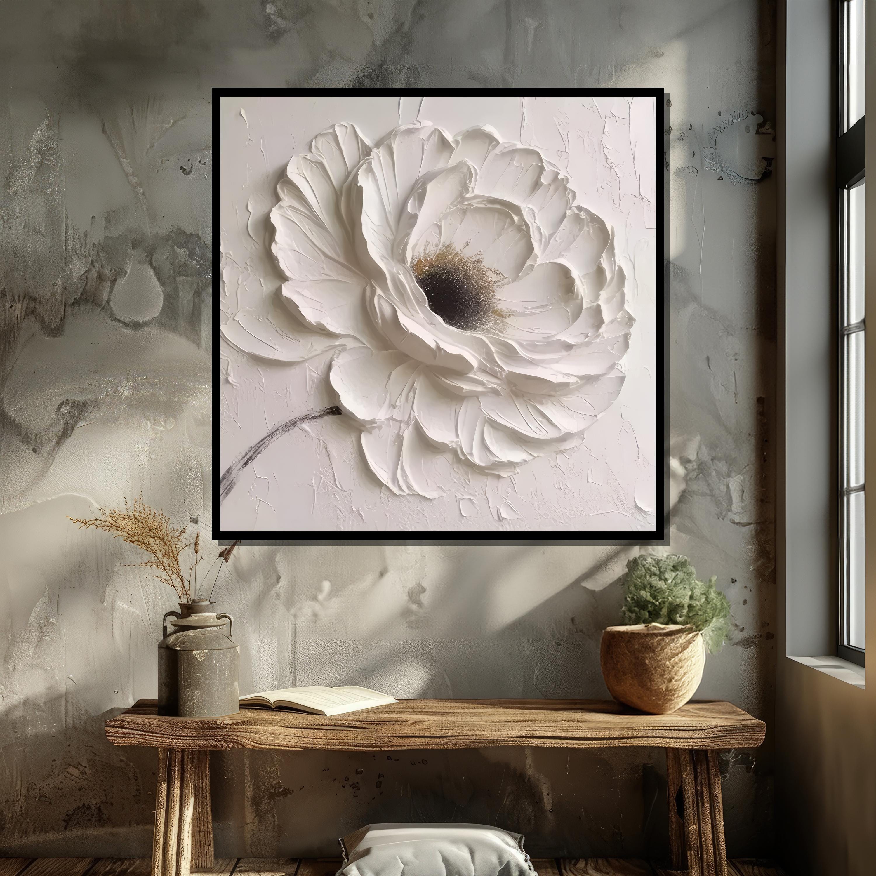 White Flower Canvas Art - Minimalist Floral Painting - Neutral Wall ...