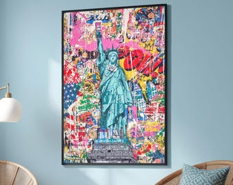 Graffiti Statue of Liberty Leinwand Druck - Bold Urban Pop Art - Bunt Street Art Freiheit mit Pinsel - Moderne Wand Dekoration