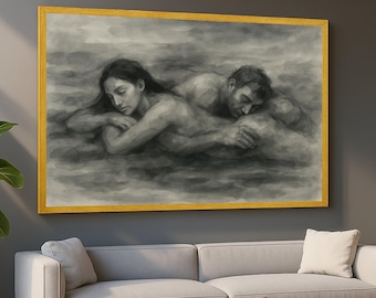 Intieme omhelzing, canvas romantisch stel, zwart-witte kunst, muurdecoratie emotionele verbinding, sensueel figuratief