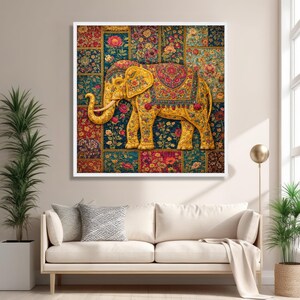 Sierlijke bloemen olifant canvas, muurkunst, decoratief dier canvas, kleurrijk huisdecor, vintage textielontwerp afbeelding 5