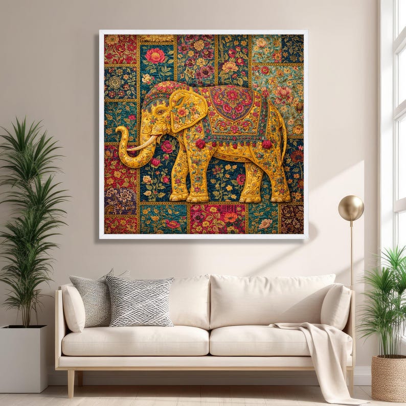 Sierlijke bloemen olifant canvas, muurkunst, decoratief dier canvas, kleurrijk huisdecor, vintage textielontwerp afbeelding 5