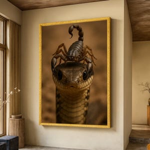 May include: A framed print showing a snake with a scorpion on its head. The snake has brown and tan scales. The scorpion is dark brown. The print is in a gold frame, adding a decorative touch.