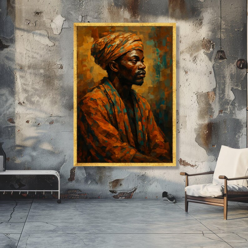 African Man Portrait Canvas, Ethnic Wall Art, Traditional Headwrap Painting, Cultural Home Decor, Bold Orange and Blue Canvas Art image 2
