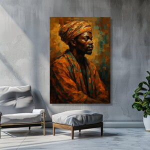 African Man Portrait Canvas, Ethnic Wall Art, Traditional Headwrap Painting, Cultural Home Decor, Bold Orange and Blue Canvas Art image 6