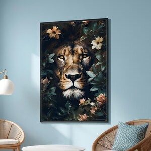 Majestic Lion Face with Floral Foliage | Realistic Animal Canvas Art | Nature-Inspired Wall Decor | Jungle King Art for Living Room