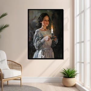 Pu&ograve; includere: Un dipinto di una donna in un abito bianco che tiene una candela accesa in un candelabro. La donna sta guardando la candela con un'espressione pensosa. Lo sfondo &egrave; scuro e sfocato.