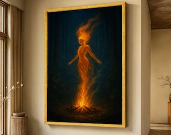 Lienzo de espíritu de fuego místico, arte mural de silueta de mujer llameante, decoración de bosque fantástico, pintura de figura de llama etérea, lienzo de elementos ardientes