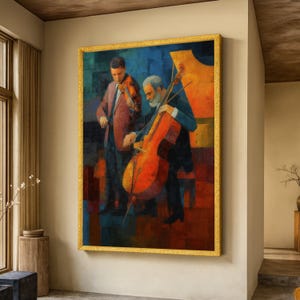Classical Music Duo Canvas Wall Art, Violin and Cello Players Painting, Musical Instrument Art, Abstract Musician Decor, Home Music Theme