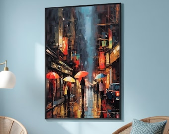 Op de afbeelding: Een schilderij van een straatbeeld in een stad met mensen die onder parapluies in de regen lopen. De gebouwen zijn hoog en smal, en de straat is nat en reflecterend. De kleuren zijn levendig en het schilderij heeft een schilderachtige stijl.