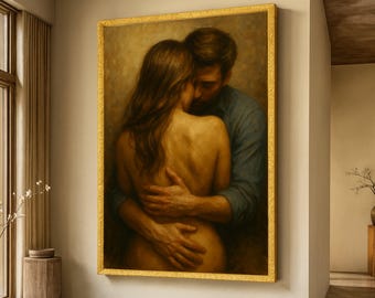 Intimate Embrace Canvas Wall Art, Romantic Couple Hug, Warm Tones Sensual Home Decor, Emotional Canvas Print