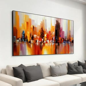 Abstract Cityscape Canvas Print - Vibrant Skyline Reflection - Warm Orange and Red Urban Art - Modern City Wall Decor for Living Room