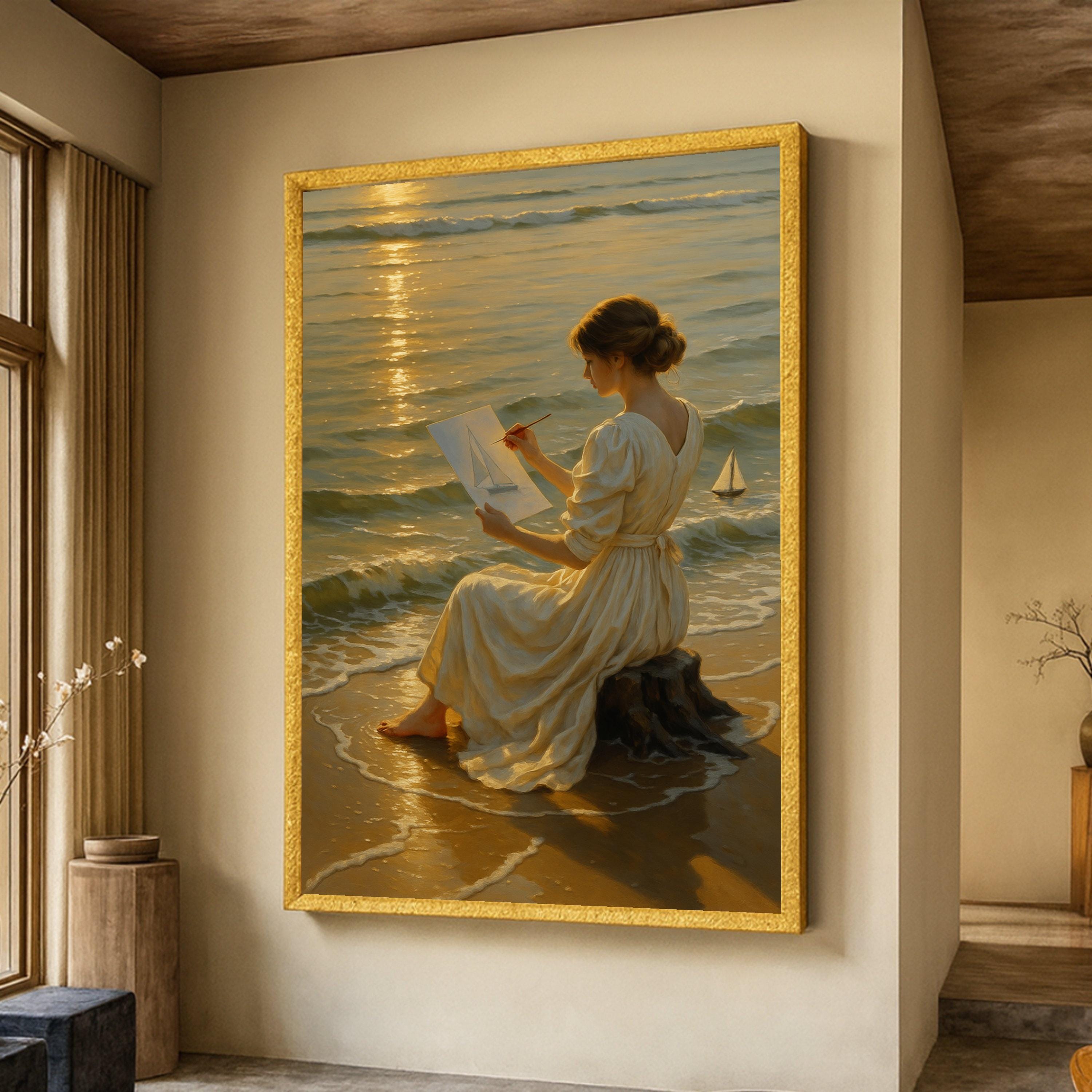 穏やかな海辺の風景画、帆船をスケッチする女性を描いたキャンバス