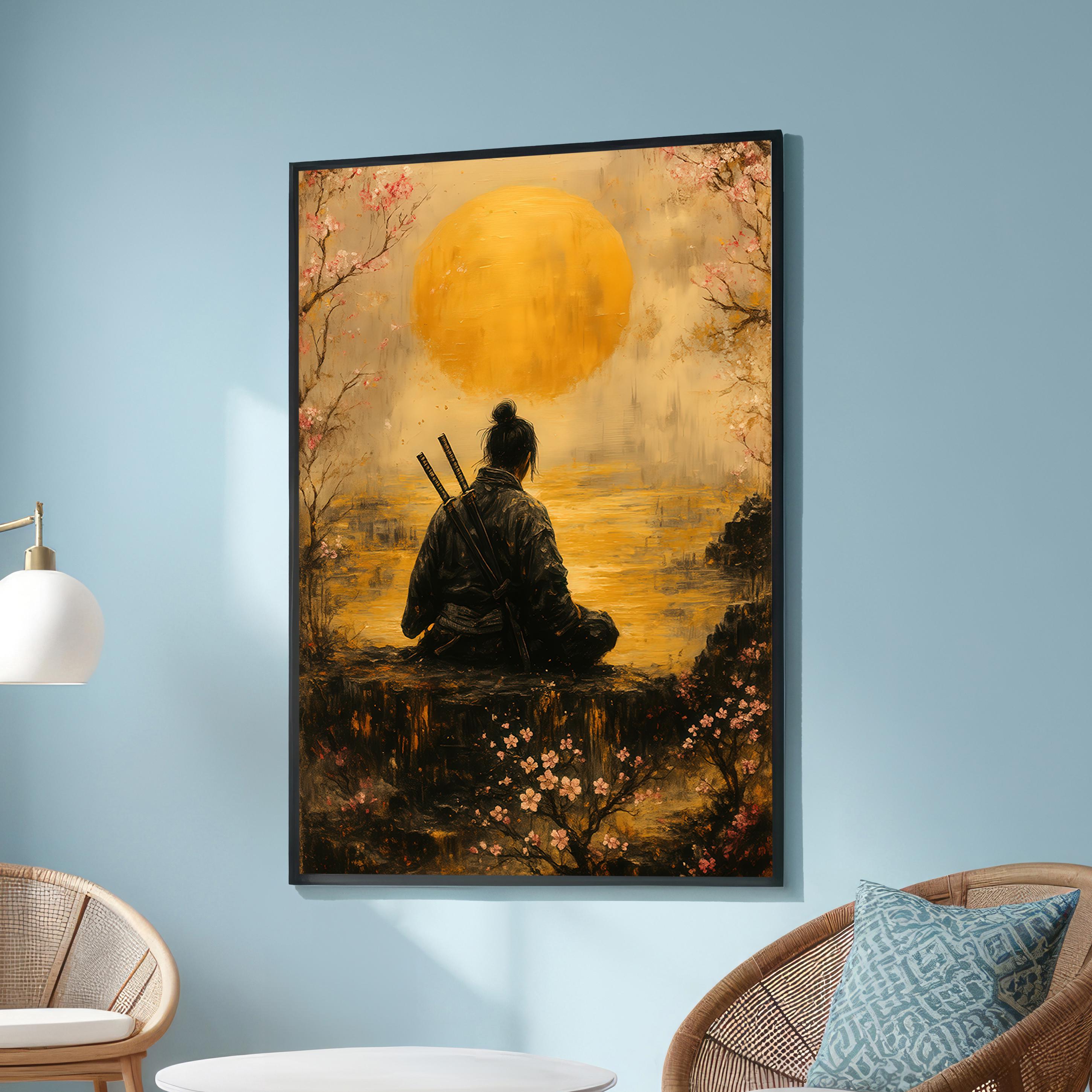 Samurai Sunset Canvas Print - Japanese Warrior Wall Art - Cherry