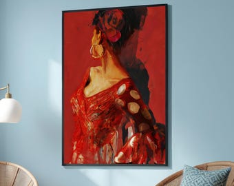 Flamenco Dancer in Red Canvas Art, Spanish Culture Wall Decor, Vibrant Flamenco Painting, Traditional Dance Artwork, Passionate Dance Print