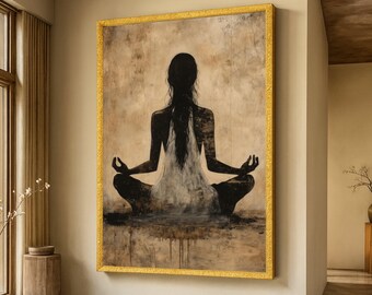 Meditative Silhouette Canvas Wall Art, Yoga Pose Art Print, Spiritual Home Decor, Calm Neutral Tones, Relaxation Canvas Painting