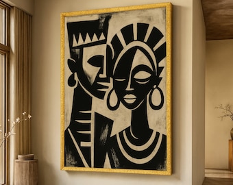Tribal Love Silhouette Canvas, Abstract African Couple Wall Art, Ethnic Modern Decor, Bold Black and Beige Canvas, Cultural Home Decoration