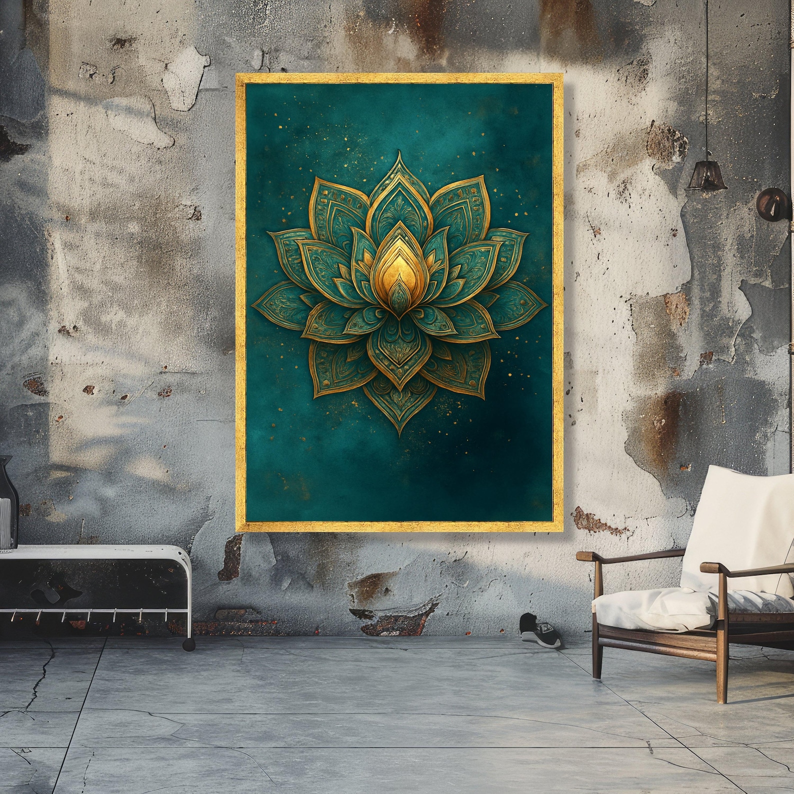 Golden Lotus Mandala Canvas Wall Art, Spiritual Floral Design, Teal and ...