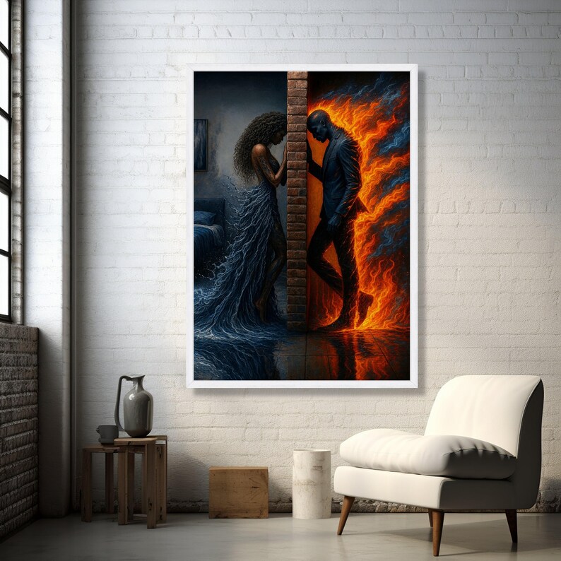 Fiery Passion vs. Ocean Serenity, Elemental Contrast Canvas, Woman Water Dress & Man Flame Suit, Emotional Wall Art, Modern Home Decoration image 5