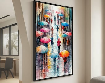 Colorful Umbrellas on Rainy City Street Canvas, Urban Rainy Day Scene, Watercolor Style Wall Art, Reflective Wet Pavement Decor, Ready to