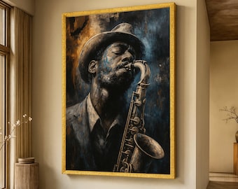 Op de afbeelding: Een ingelijste prent toont een man die saxofoon speelt. Het kunstwerk gebruikt blauw, bruin en goud. De man draagt een hoed en een jasje. De saxofoon is goudkleurig. Het kunstwerk wordt tentoongesteld in een kamer met neutrale muren.