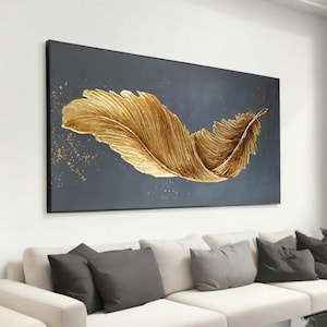 Luxury Gold Feather Canvas Art - Modern Elegant Wall Decor - Metallic Gold on Deep Blue - Abstract Statement Piece for Home