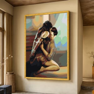 Intim omfamning abstrakt canvas, romantiskt par väggkonst, sensuell heminredning, modern relation emotionell kärlek canvaskonst bild 1