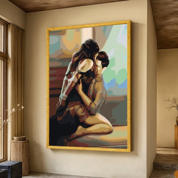 Intimate Embrace Abstract Canvas, Romantic Couple Wall Art, Sensual Home Decoration, Modern Relationship Emotional Love Canvas Art