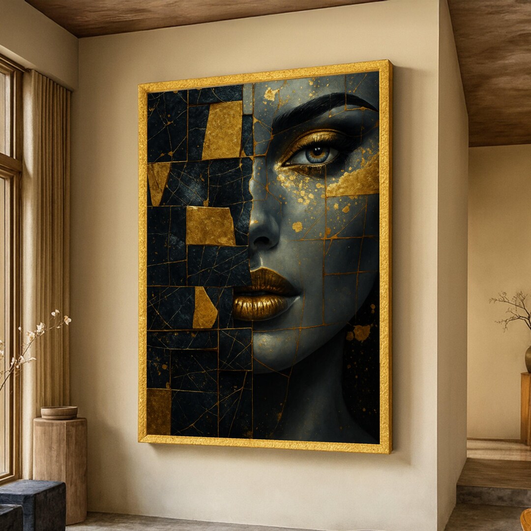 Gold and Black Abstract Female Portrait Canvas, Modern Wall Art, Luxury ...