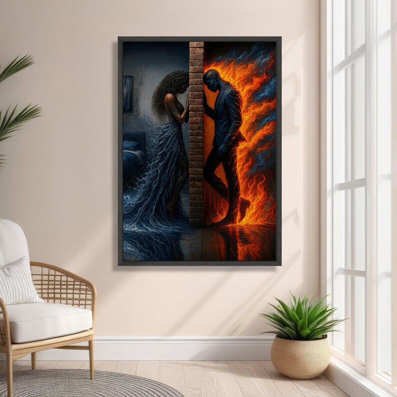 Fiery Passion vs. Ocean Serenity, Elemental Contrast Canvas, Woman Water Dress & Man Flame Suit, Emotional Wall Art, Modern Home Decoration image 3