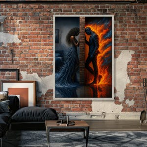 Fiery Passion vs. Ocean Serenity, Elemental Contrast Canvas, Woman Water Dress & Man Flame Suit, Emotional Wall Art, Modern Home Decoration image 4
