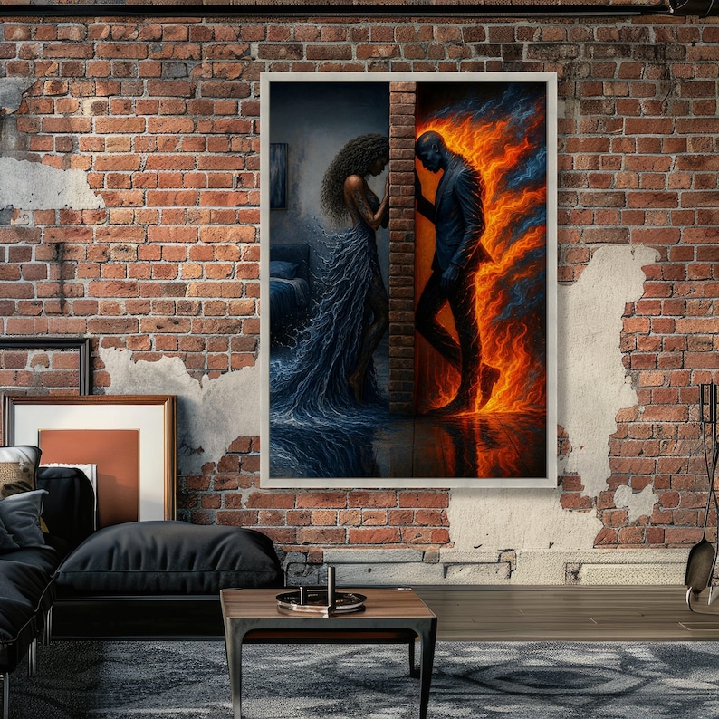 Fiery Passion vs. Ocean Serenity, Elemental Contrast Canvas, Woman Water Dress & Man Flame Suit, Emotional Wall Art, Modern Home Decoration image 4