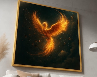 Lienzo «Fénix Ardiente Ascendiendo», Arte Mural de Ave Mítica, Obra de Arte de Llamas Fantásticas, Decoración para el Hogar con Criaturas Mágicas, Lienzo Listo para Colgar