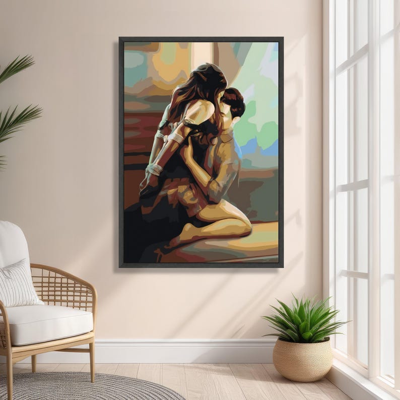 Intim omfamning abstrakt canvas, romantiskt par väggkonst, sensuell heminredning, modern relation emotionell kärlek canvaskonst bild 3